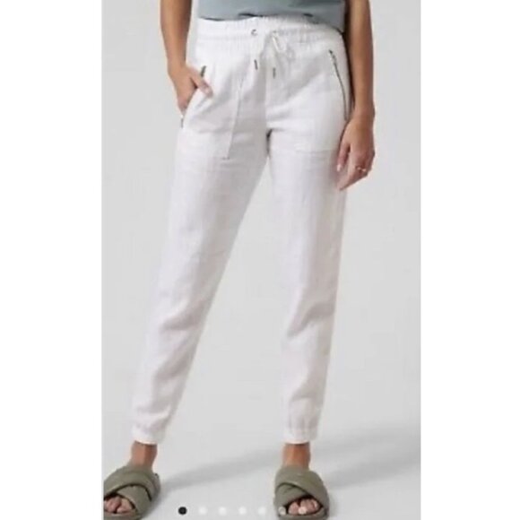 Athleta Cabo White Linen Cropped Jogger Pants Size 12 Pull On Drawstring Waist - Picture 1 of 8